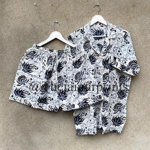 Black Floral Cotton Pajama Shorts Set: Indian Summer Sleepwear