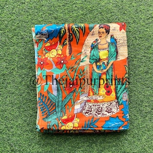 Orange Frida Khalo Handmade Running Fabric, Indian Soft Cotton Fabric, Craft & Quilting Fabric, Kaftan Dress Fabric, Boho Apparel Fabric