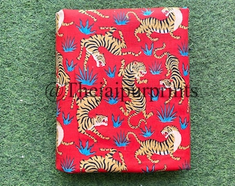 Red Tiger Print Cotton Fabric: Indian Hand Block Print By The Yard