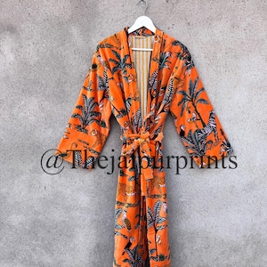 Beautiful Orange Color Velvet Kimono Robe, Bath robe, Getting Ready Robe, Kimono Cardigan, Jungle Print Kimonos, Gift For Her