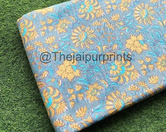 Floral Block Print Cotton Fabric, Indian Handmade Quilt Sewing Fabric
