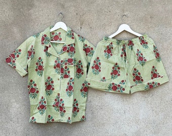 Floral Print Indian Cotton Pajama Sets, Shirt And Shorts Set, Women Shorts, Summer Shorts, Bridal Party Pajama Set