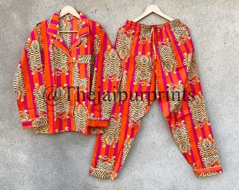 Cotton Pajama Set: Tibetan Tiger Print, Striped Women's PJs