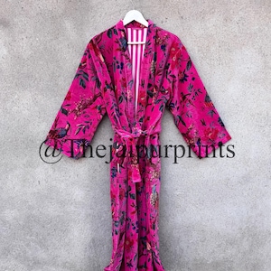 Pink OFMD Bird Print Velvet Kimono Robes, Bridesmaid Robe, Women Dressing Gown, Velvet Jacket, Bridal Robe, Gift For Her