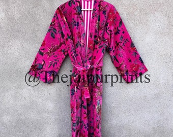 Bata kimono de terciopelo con estampado de pájaros rosas: bata de terciopelo de algodón hecha a mano