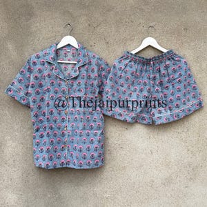 Indian Hand Block Print Cotton Pajama Set, Bridesmaid Pajama Set, Pj Set, Shorts Set, Women's Pajama Set, Summer Nightwear, Bridal Pajama