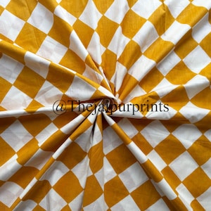 Indian Hand Printed Yellow Check Print Cotton Fabric, 100% Soft Pure Cotton Fabric For Clothing, Sewing Fabric, Women&#39;s Dressmaking, Loose