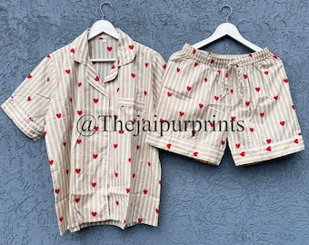 Streifen Print Baumwolle Pyjama Set: Shorty PJs, Brautparty Nachtwäsche
