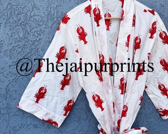 Lobster Print Cotton Kimono Robe, Bridal Robe, Indian Robes