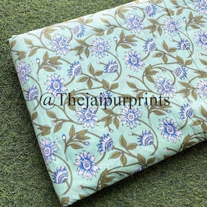 Green Floral Print Cotton Fabric: Hand Block Indian Dressmaking Material