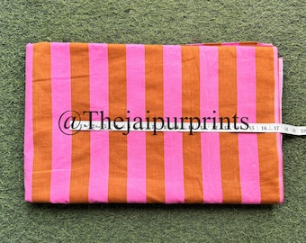 Hand Block Printed Striped Cotton Fabric: Pink & Green Apparel, Quilting