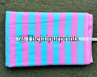 Hand Block Print Cotton Fabric: Pink & Green Stripes, Sewing Fabric By The Yard