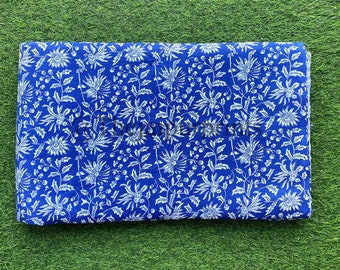 Indigo Floral Cotton Fabric, Indian Hand Block Print, Sewing Fabric By The Yard