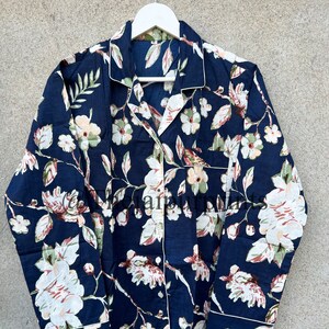 Blue Floral Cotton Pajama Set, Bird Print Nightwear