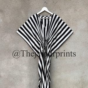 New White And Black Soft Cotton Stripe Print Kaftan Dress, Beach Cover Up Boho And Hippie Caftan Dressing Gown Caftan For Women's Maxi Dress