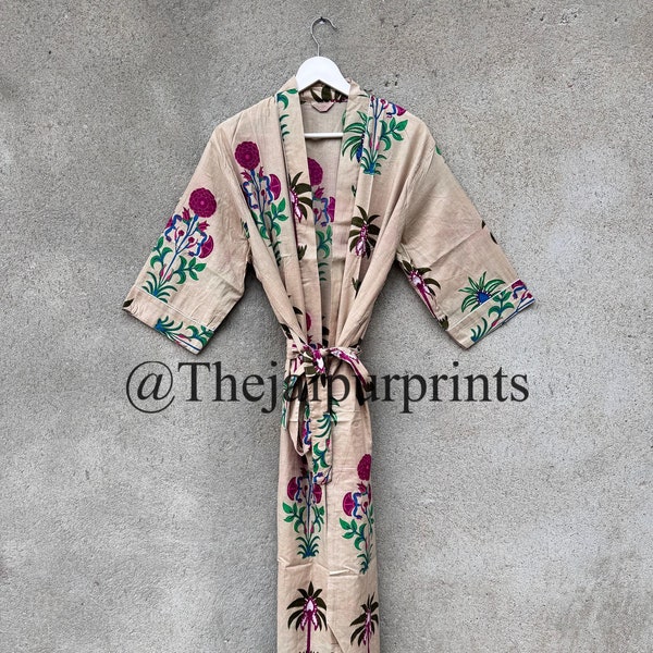 Floral Cotton Kimono Robe: Hand Block Printed Long Dressing Gown