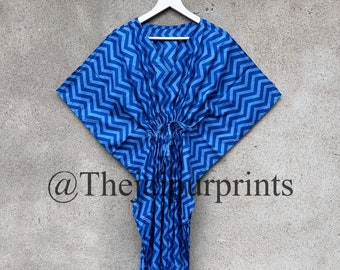 Handmade Indian Cotton Kaftan, Blue Chevron Beach Cover Up, Loungewear