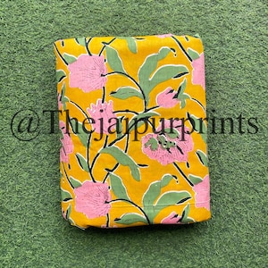 Yellow Mustard Pink Floral Print Fabric, Indian 100% Pure Cotton Fabric, Sewing Fabric, Block Print Fabric