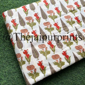 Christmas Tree Print Fabric: White Cotton Voile, Hand Block Printed