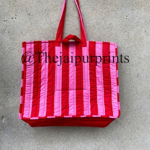 Red And Pink Stripe Quilted Cotton Tote Bag, Handmade Tote Bag, Indian Making Quilted Tote Bags, Cotton  Shoulder Bag, Women's Carry Bag