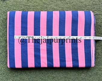 Katoenen stof met handblokprint: roze en blauwe streep, lichtgewicht voile