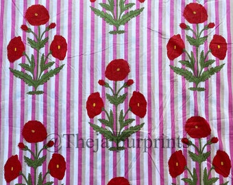 Red Flowers Mughal Print Indian Handmade Soft Cotton Fabric, Dressmaking Fabric, Sewing Material, Upholstery Cotton Fabric By The Yard