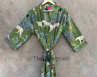 Green Jungle 100% Indian Cotton Beach kimono Robe, Bridesmaid Night Gown, Maxi Dress, Bath Robe, Women Robe, Kimono Robe, Bridal Party Robe