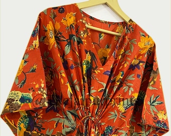 Bird Print Cotton Kaftan Dress: Indian Summer Loungewear