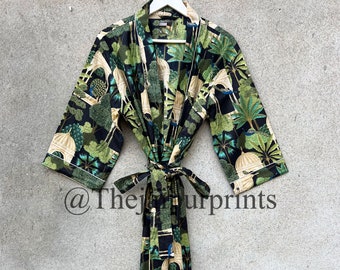 Peacock Print Cotton Robe: Kimono Cardigan, Beach Cover-Up