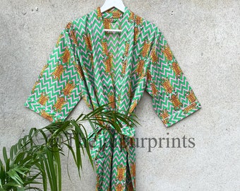 Green Tiger Print Cotton Kimono Robe: Beach Cover Up, Dressing Gown