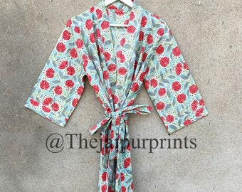 Floral Indian Cotton Kimono Robe, Handmade Nightwear