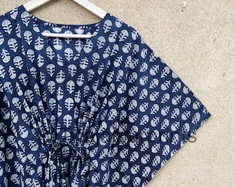 Hand Block Printed Indigo Cotton Kaftan Dress, Blue beach cover loungewear, Indigo Block print Resort wear, Indian blockprint caftan
