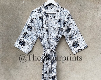 Floral Print Cotton Kimono Robe, Long Dressing Gown