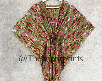 Grünes Blumen Blumen Baumwolle Kaftan Kleid, Indische Loungewear & Urlaubsmode