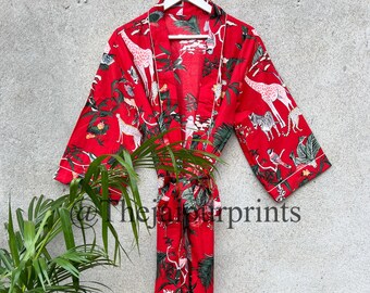 Animal Print Cotton Kimono Robe: Indian Dressing Gown