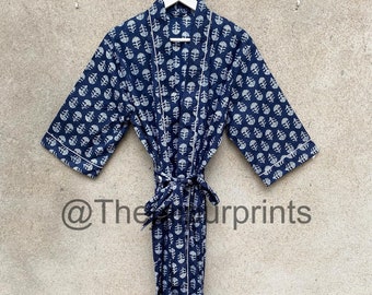 Indigo Blue Floral Kimono Robe, 100% Indian Soft Cotton Kimono Robe, Bridesmaid Robe, Bridal Party Robe, Summer Kimono, Getting Ready Robe