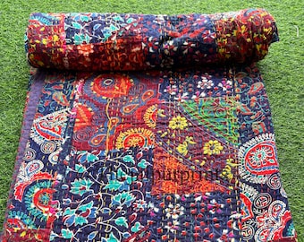 Handmade Patchwork Kantha Quilt: Bohemian Cotton Bedspread