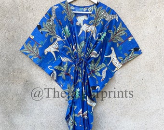 Blue Jungle Animal Print Cotton Kaftan: Indian Summer Dress