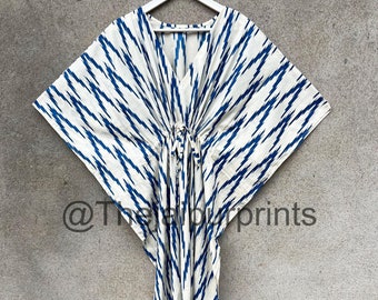 Cotton Ikat Kaftan Dress: Indian Handmade V-Neck Tunic Loungewear