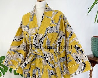 Kimono Robe - Cotton Funky House Robe Kimono - Royal Mustard Yellow Black White , Feline Cat, Animal Cool Dad Gift Father Husband, Bathrobe