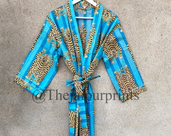 Cotton Kimono Robe: Stripe Tiger Print, Boho Dressing Gown