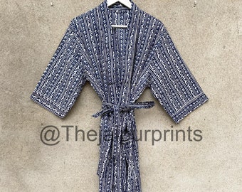 Indigo Blue Stripe Design Kimono Robe, Wedding Robe, Summer Kimono Robe, Beach Wear Robe, Handmade Kimono Robe, Bathrobe, Christmas Gift