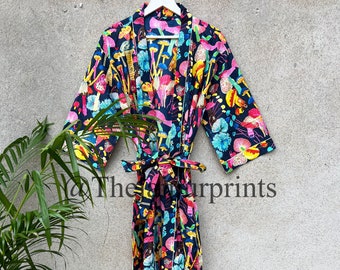 New Multicolor Mushroom Print Kimono, Indian Cotton Kimono Robe, Bridesmaid Robe, Nightwear Robe, Women's Dressing Gown, Summer Bathrobe