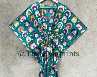 Floral Print Cotton Kaftan: Indian Handmade Summer Dress, Plus Size Beach Cover Up