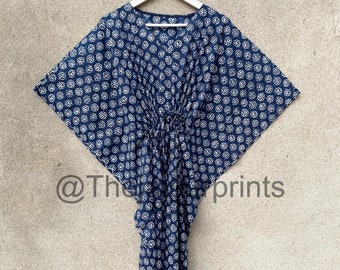 Indigo Blue Hand Block Printed 100% Pure Cotton Kaftan Dress, Beach Cover Up, Long Kaftan For Women&#39;s, Plus Size Maxi Dress, Boho Dress