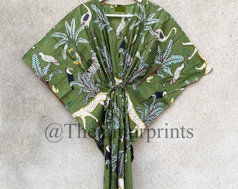 Green Animal Print Soft Cotton Kaftan Dress, Indian Kaftan, Long Dressing Gown, Beach Cover Up, Kaftan For Women&#39;s, Bridal Party Kaftan