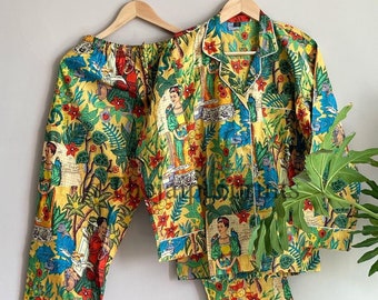 Frida Khalo Garden Art Print Soft And Comfortable Pajama Set, Pajama Set Women, Sleepwear Frida Khalo Pyjama, Bridesmaid Pajamas, Lounge Set