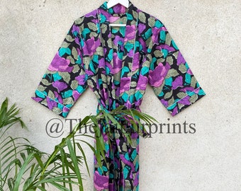 Black Floral Print Cotton Kimono Robe, Bride Robes, Bridesmaid Robe, Robe For Women, kimono Cardigan, Japanese Kimono, dressing Gown
