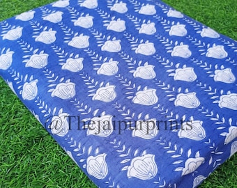 Blue Floral Block Print Cotton Fabric: Indian Summer Dress Material