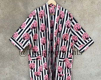 Langer Kimono-Robe aus Baumwolle mit gestreiftem Pfauenprint, Bademantel in Übergröße